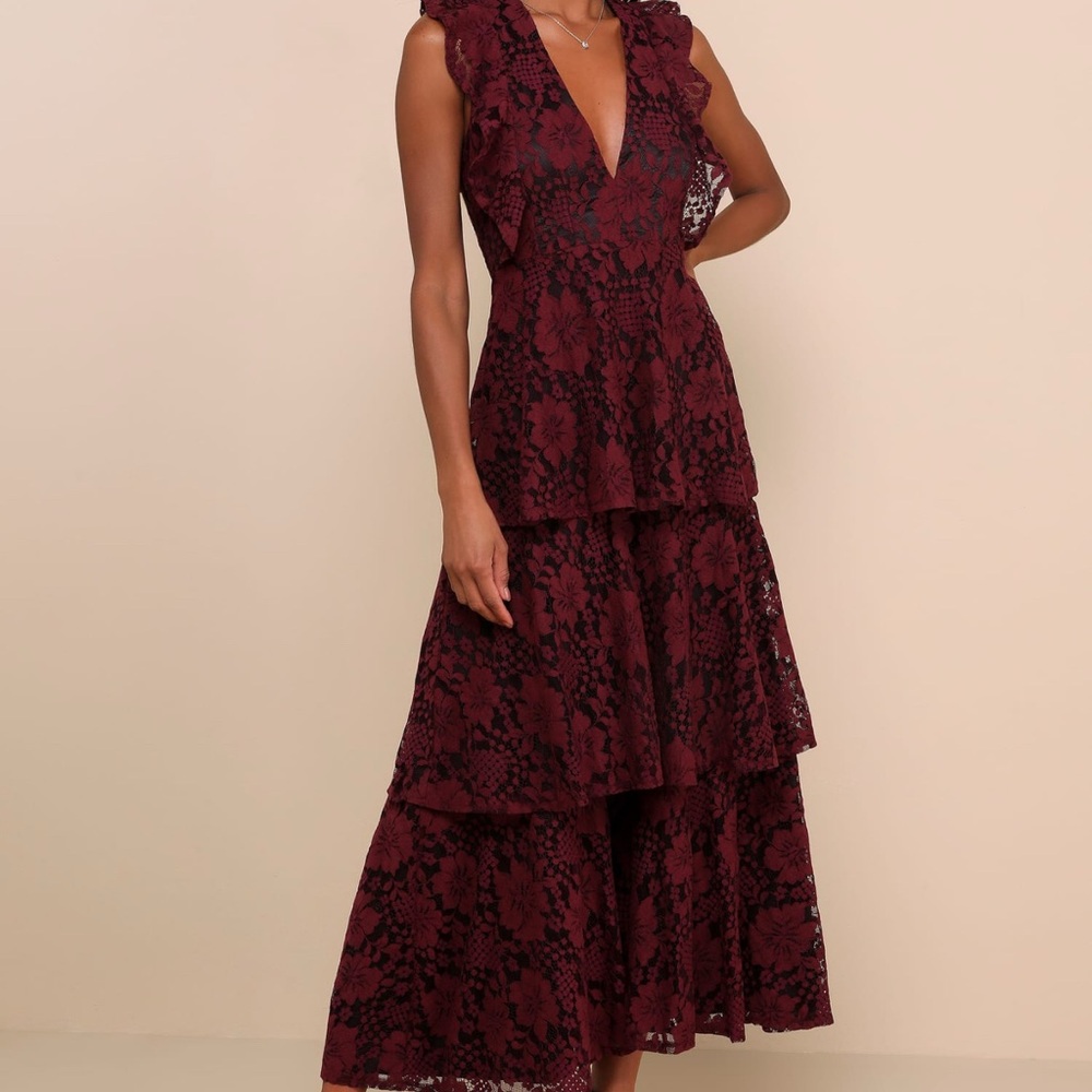Lulu's Burgundy Lace Maxi Dress
